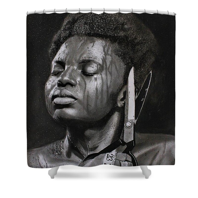 Hyperrealism Shower Curtain featuring the drawing OM3- Olivier Mub by Olivier Mub