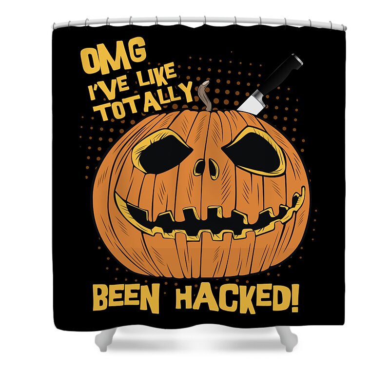 Cool Shower Curtain featuring the digital art OMG Ive Been Hacked Funny Halloween Pumpkin by Flippin Sweet Gear