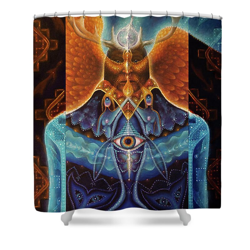 Native American Shower Curtain featuring the painting Omniscience by Kevin Chasing Wolf Hutchins