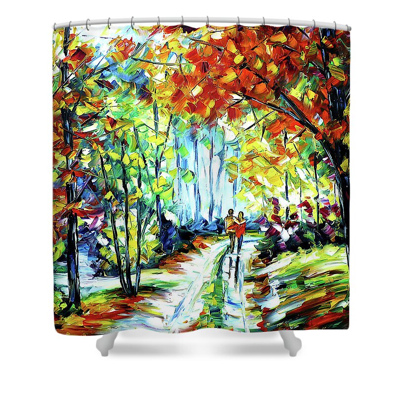 Autumn Walk Shower Curtain featuring the painting On An Autumn Day by Mirek Kuzniar