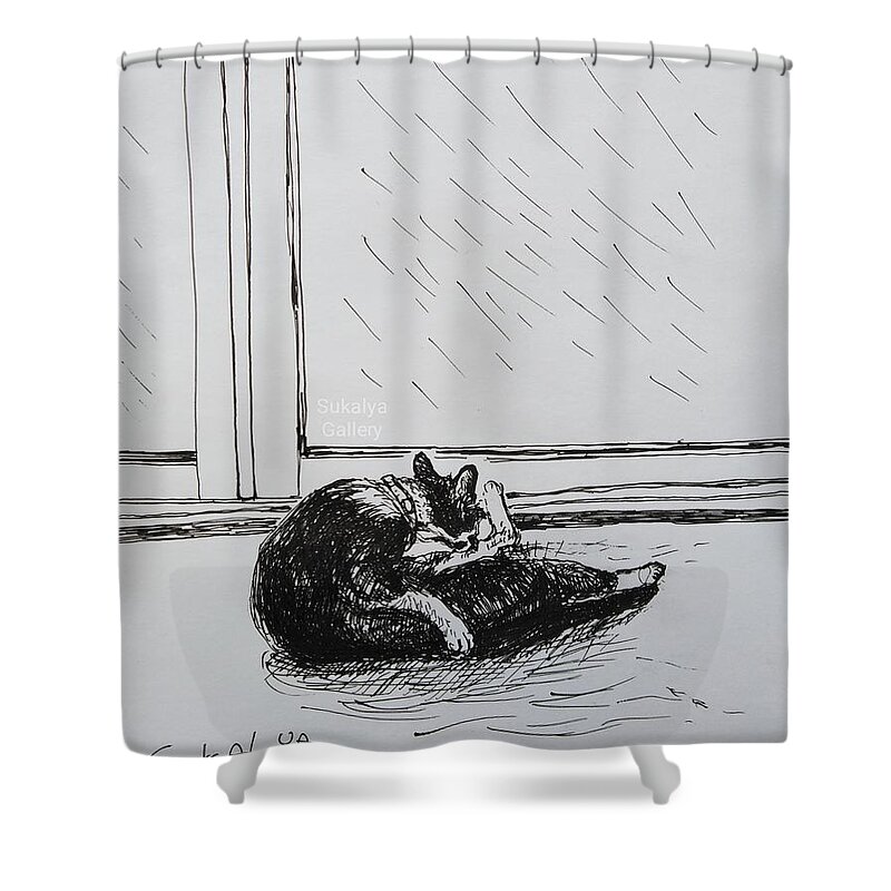Cat Shower Curtain featuring the drawing On Bath by Sukalya Chearanantana