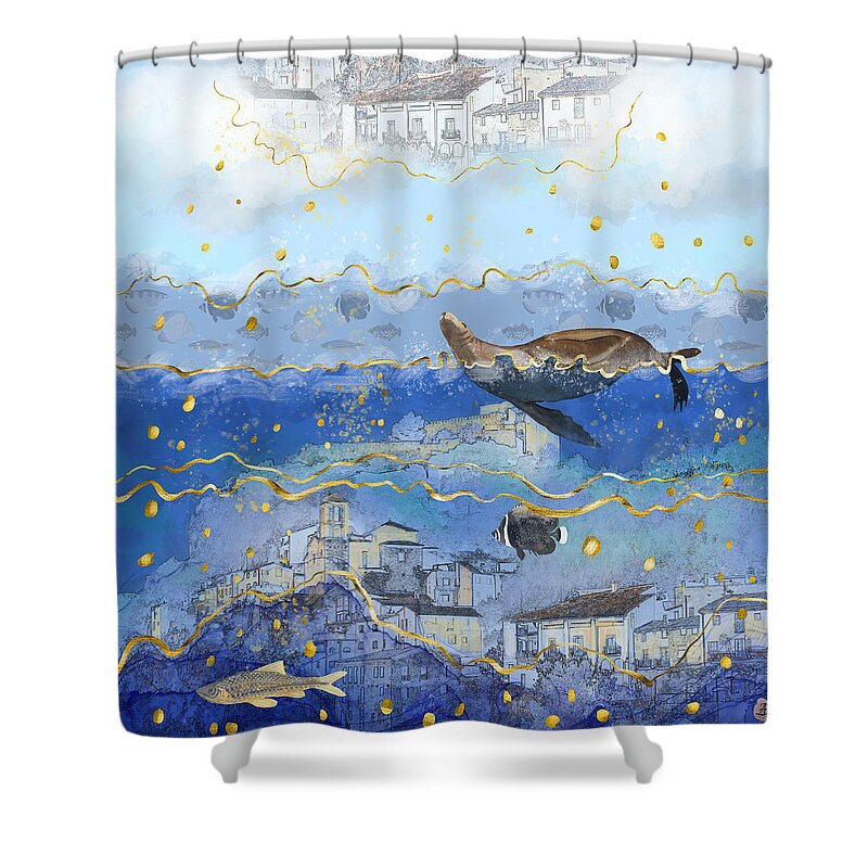 Global Warming Shower Curtain featuring the digital art On Earth As It Is In Heaven? Sea levels rising awareness by Andreea Dumez