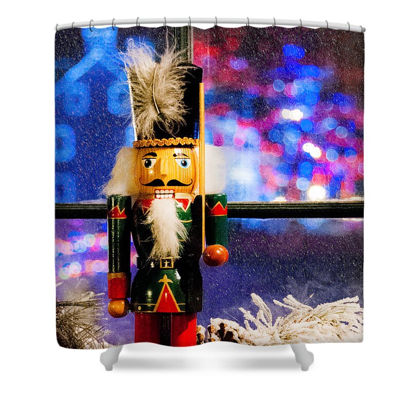 Nutcracker Shower Curtain featuring the mixed media On Guard for Christmas by Moira Law