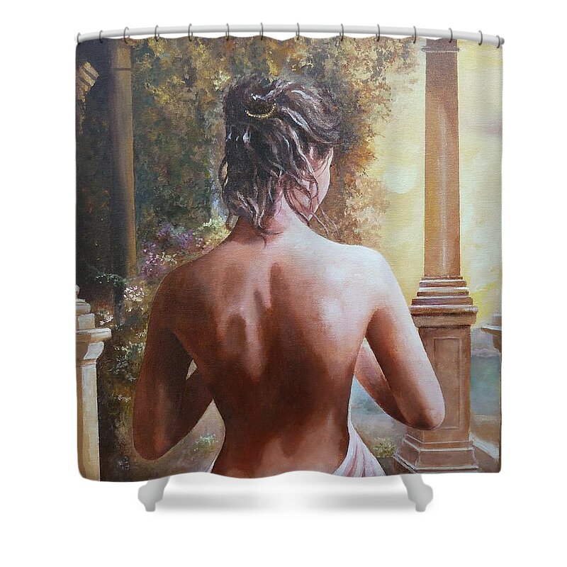 Female Figure Shower Curtain featuring the painting On The Doorway by Sinisa Saratlic