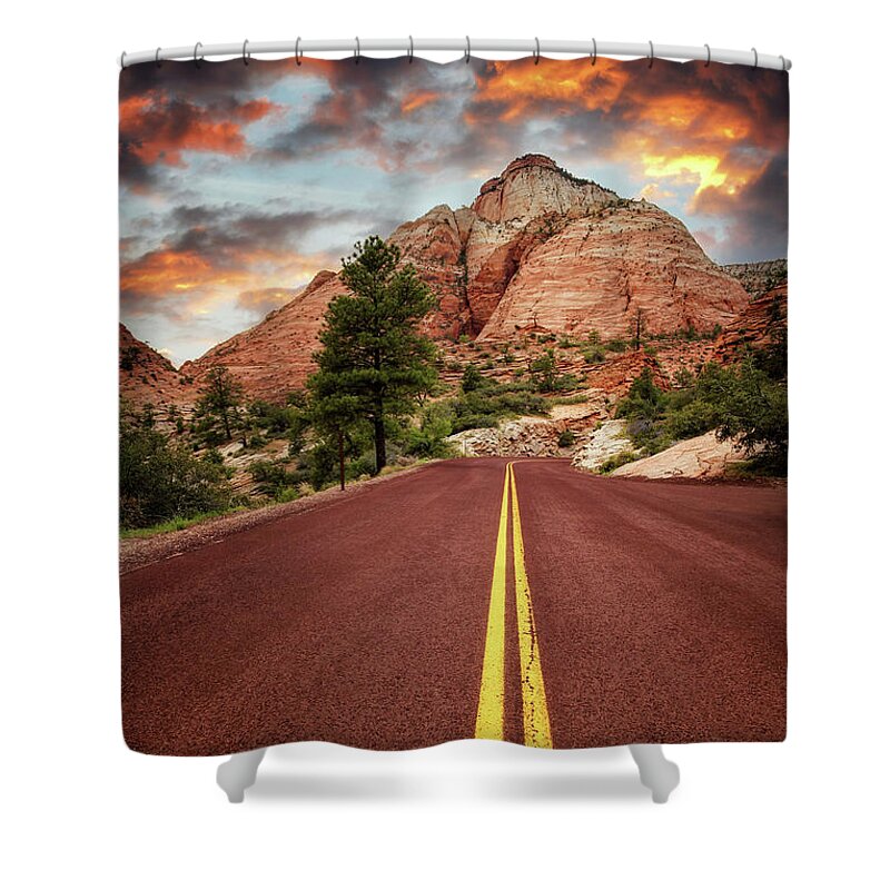 Road Shower Curtain featuring the photograph On the road in Zion at sunset, Utah, USA by Jane Rix