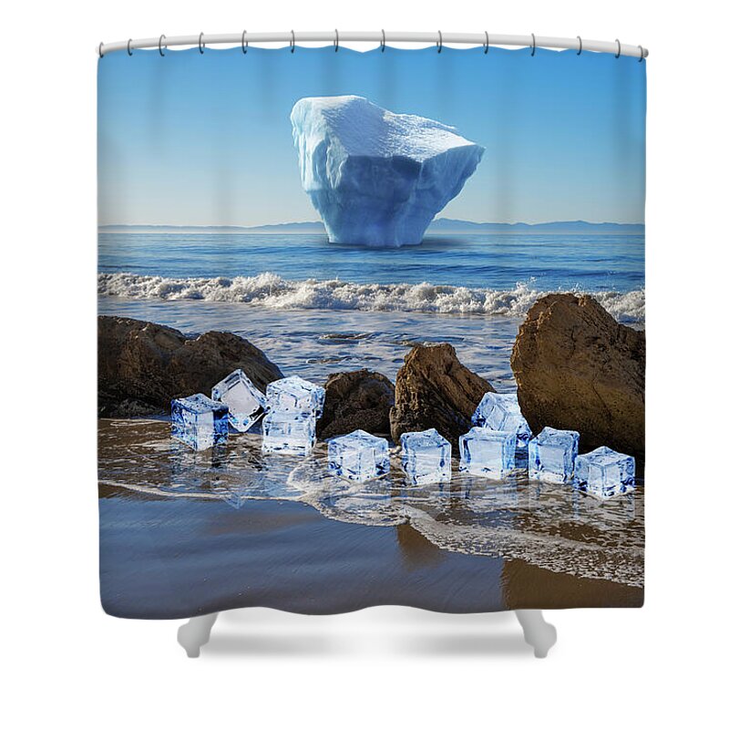Surrealistic Surrealism Surreal Digital Photograph Iceberg Ice Cubes Beach Sea Ocean Santa Barbara Ca California Seascape Surf Rocks Waves Santa Barbara Whimsical Fun Calming Fantastic Fantasy Snow Cool Blue Serine Chilly Wet Mix Shaken Stirred Fantasy Digital Art Unreal Beyond Real Unusual Unearthly Uncanny Dreamlike Dreamscape Retouched Photoshop Edited Curious Imagination Make-believe Creative Creativity Vision Daydream Fanciful Illusion Original Mind's Eye Shower Curtain featuring the photograph On the Rocks by Perry Hambright