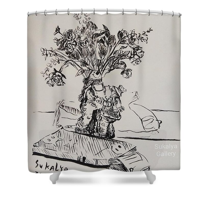 Snowman Vase Shower Curtain featuring the drawing On the Table by Sukalya Chearanantana