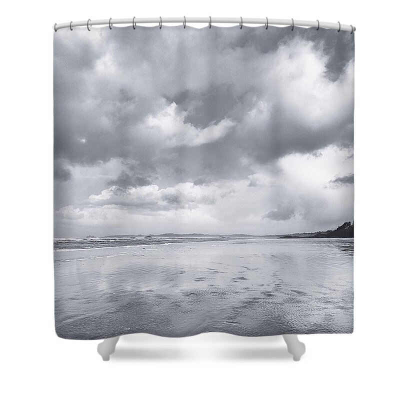 Black And White Photography Shower Curtain featuring the photograph On the Tideline Black and White by Allan Van Gasbeck