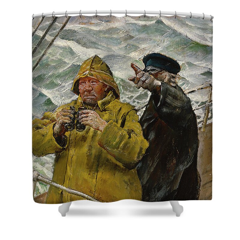 Christian Krohg Shower Curtain featuring the painting On the watch by O Vaering by Christian Krohg
