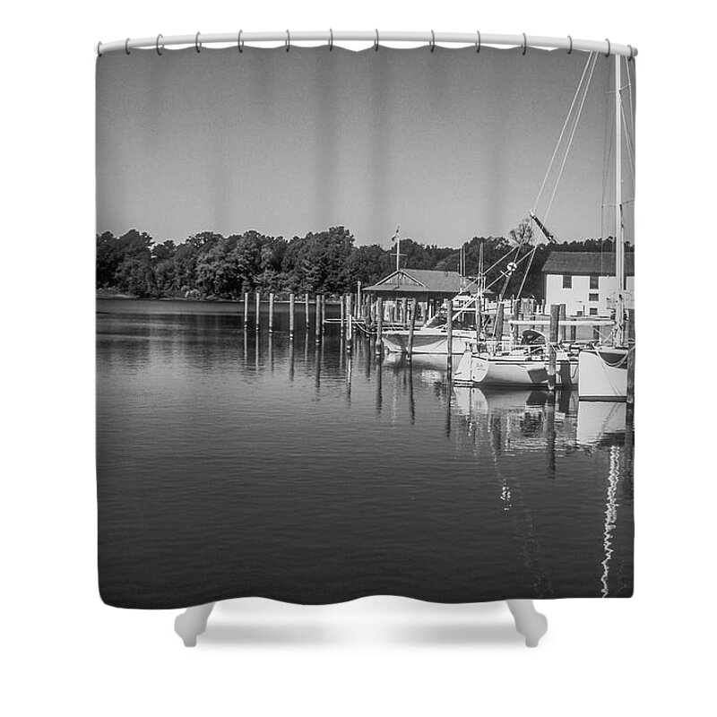 Onancock Shower Curtain featuring the photograph Onancock Wharf in Black and White by James C Richardson