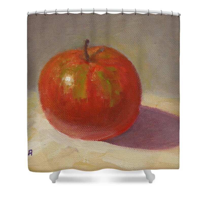Realism Shower Curtain featuring the painting One Apple on White Cloth by Donelli DiMaria