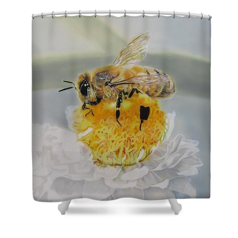 Bee Shower Curtain featuring the drawing One Flower at a Time by Kelly Speros