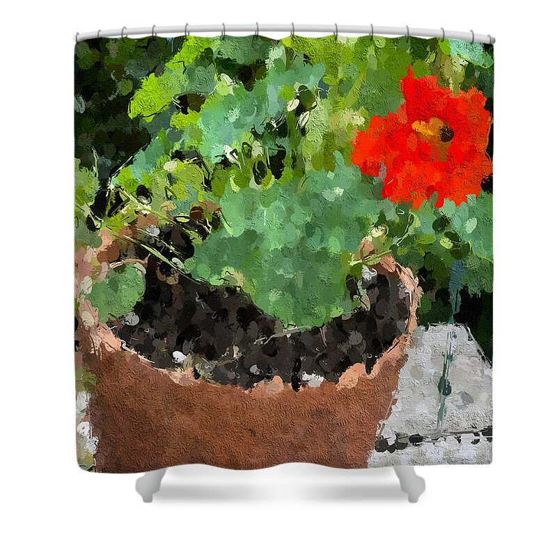 Painting Shower Curtain featuring the mixed media One Red Flower by Bonnie Bruno