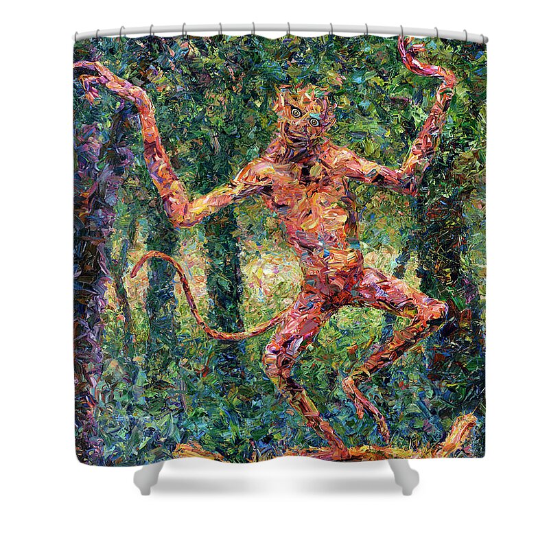 Monkey Shower Curtain featuring the painting Only a Crazy Monkey dances on a Tiger's Head by James W Johnson