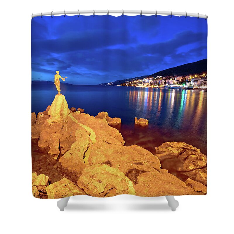 Opatija Shower Curtain featuring the photograph Opatija bay statue and waterfront at sunset view by Brch Photography