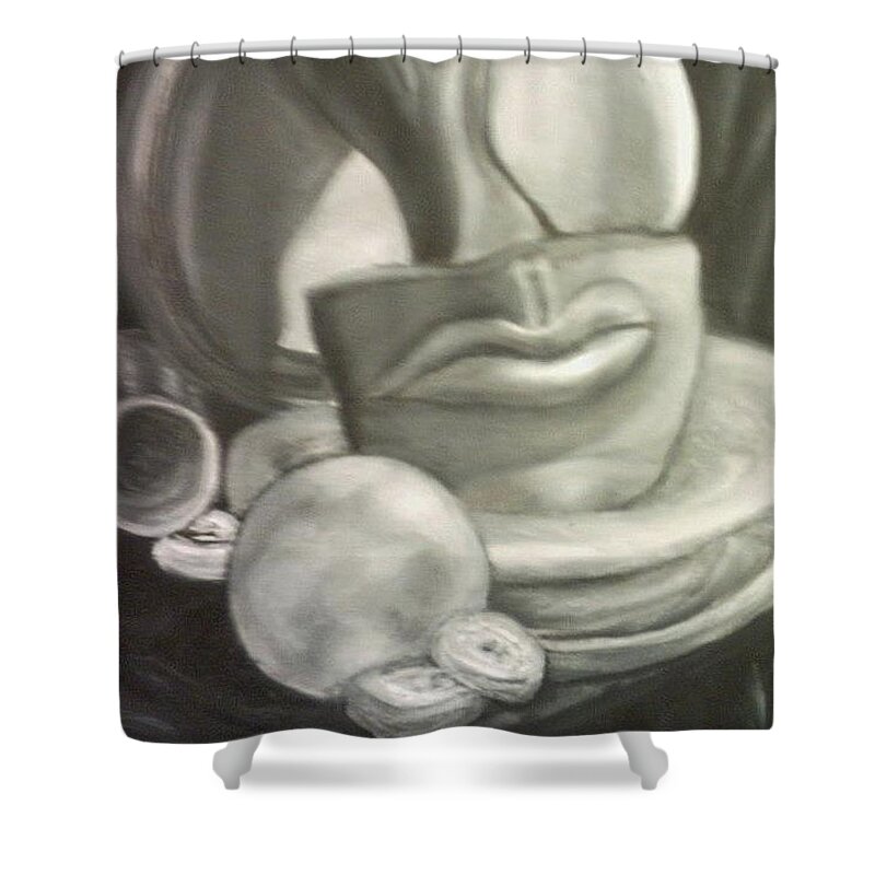 Surreal Abstract- Kissable Lips-powdered Doughnuts Shower Curtain featuring the painting Oral Fixation by Suzanne Berthier