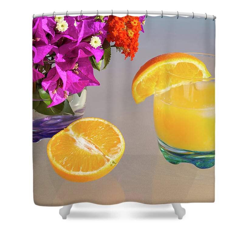 Orange Shower Curtain featuring the photograph Orange and tangerine fruit juice in the sunshine by Adriana Mueller