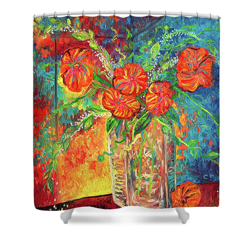  Shower Curtain featuring the painting Orange and teal by Chiara Magni