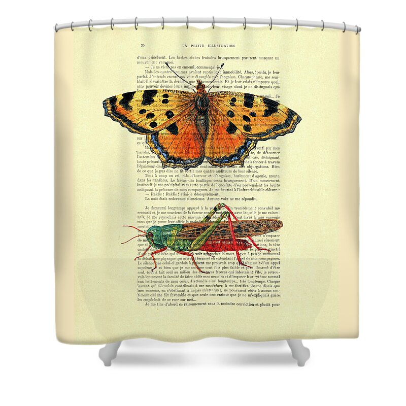 Butterfly Shower Curtain featuring the digital art Orange butterfly and grasshopper artwork by Madame Memento