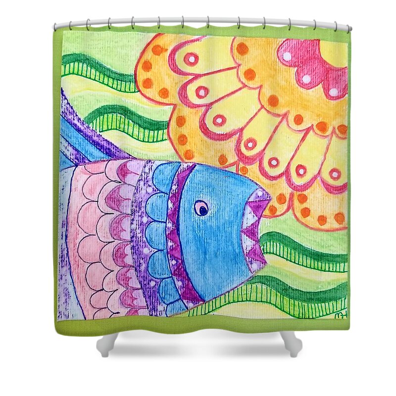 Fish Shower Curtain featuring the painting Orange flower with Blue Fish on Green Waves by Monica Habib