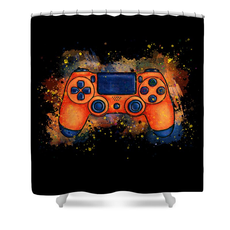 Gaming Shower Curtain featuring the painting Orange game controller splatter art, gaming by Nadia CHEVREL