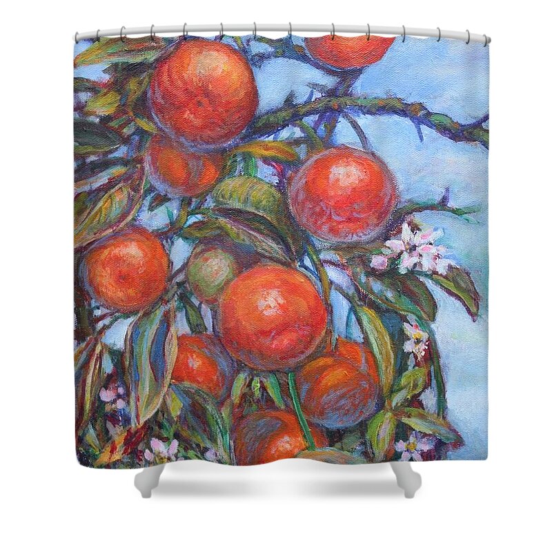 Oranges Shower Curtain featuring the painting Orange Tree by Veronica Cassell vaz