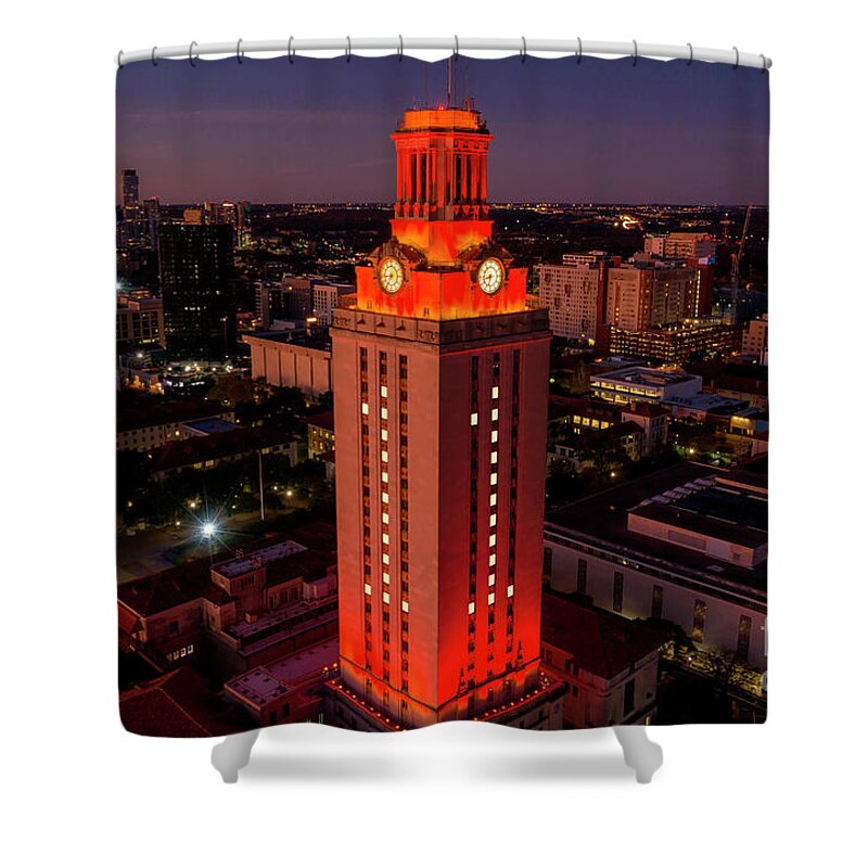 Ut Tower Shower Curtain featuring the photograph Orange UT Tower lit with #1 to celebrate a national championship by Dan Herron