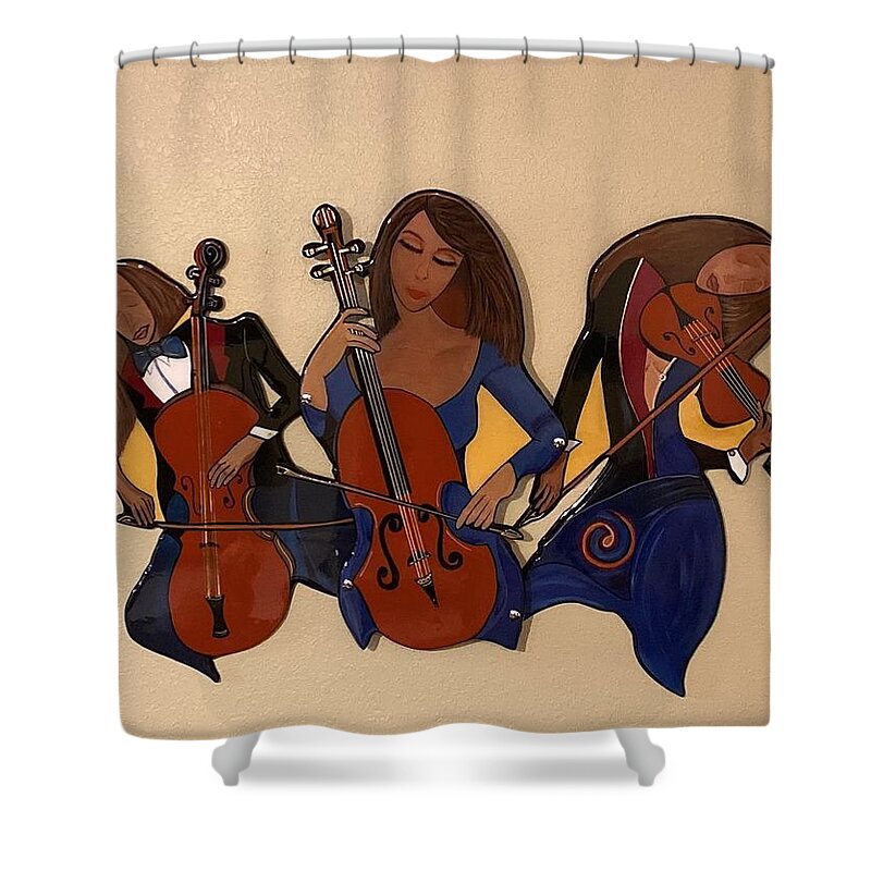 Music Shower Curtain featuring the mixed media Orchestral Trio by Bill Manson