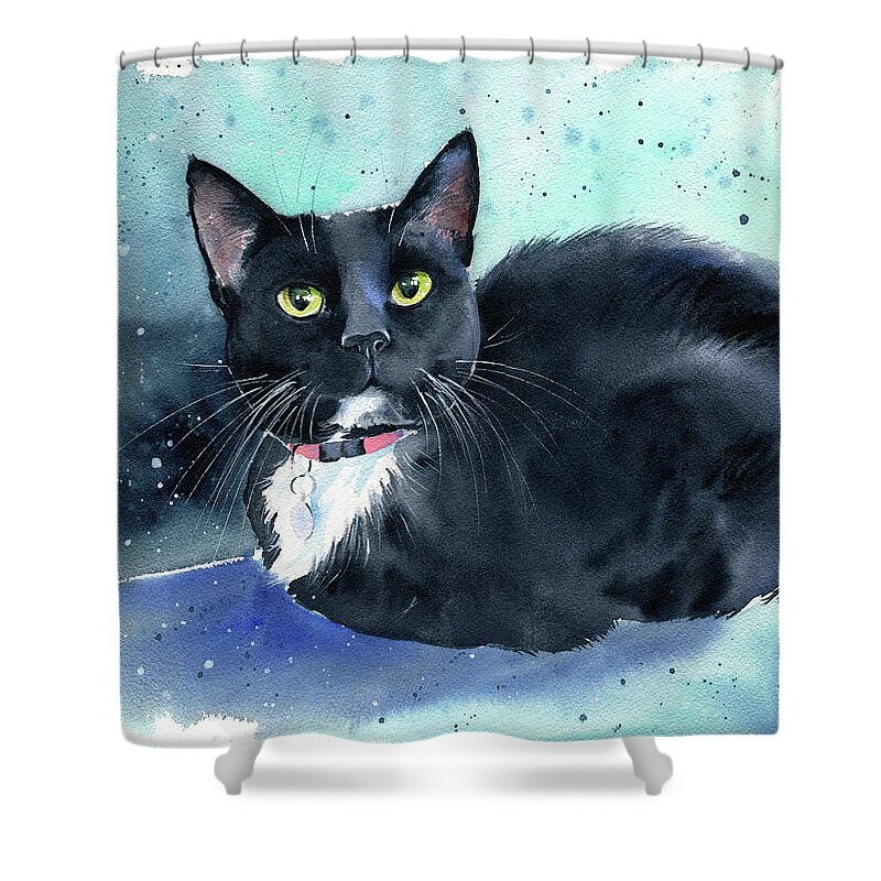 Cats Shower Curtain featuring the painting Oreo Tuxedo Cat Painting by Dora Hathazi Mendes