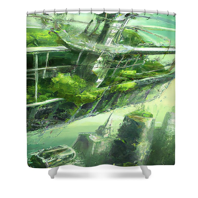 Space City Shower Curtain featuring the digital art Organic Green Futuristic City by Cathy Anderson