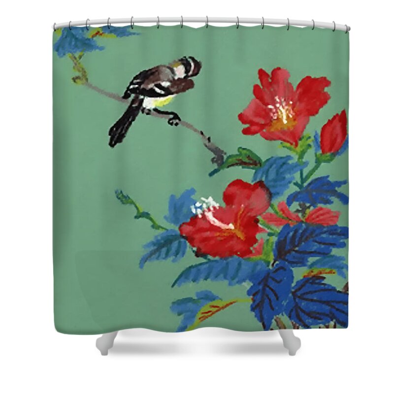 Flower Shower Curtain featuring the painting Oriental Flower Series Green by Vallee Johnson