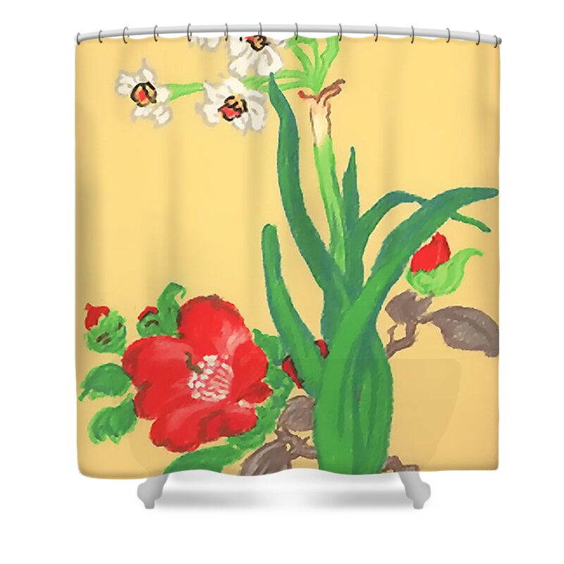 Flower Shower Curtain featuring the painting Oriental Flower Series Yellow by Vallee Johnson