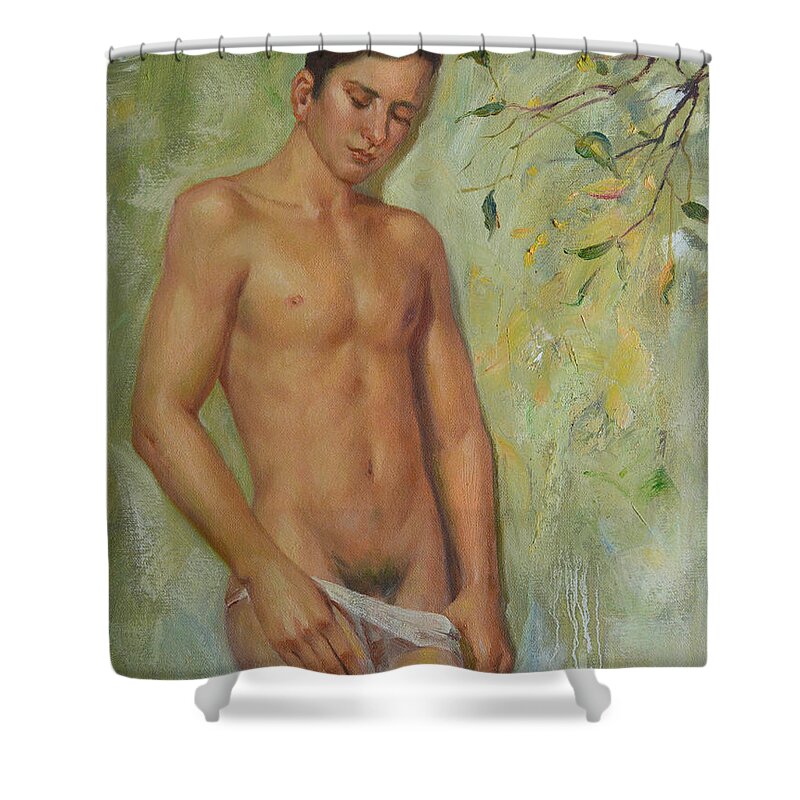 Original. Oil Painting Art Shower Curtain featuring the painting Original man oil painting gay body art-young male nude in the autumn by Hongtao Huang