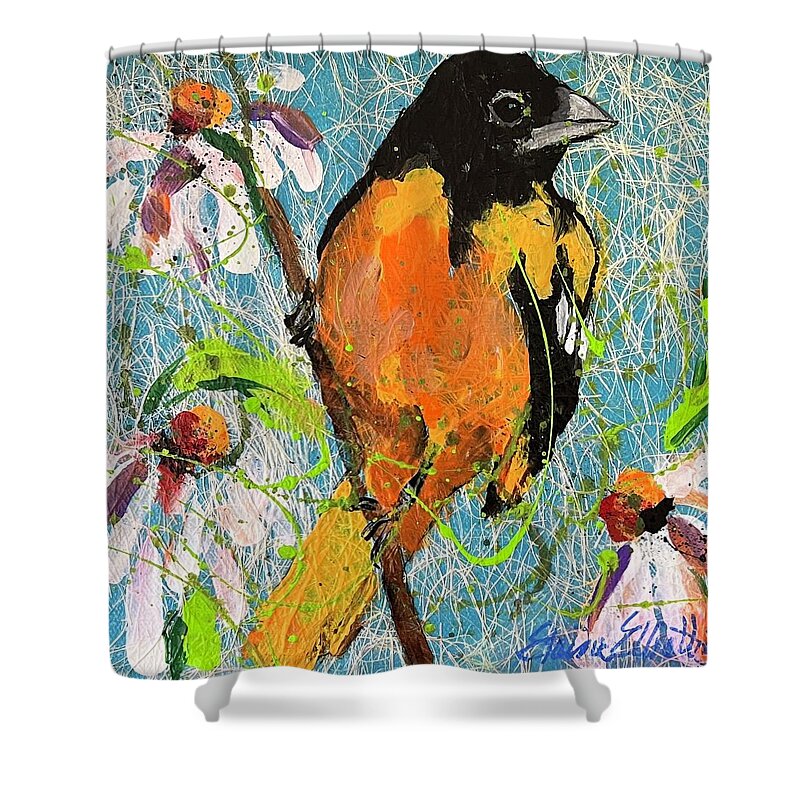 Birds Shower Curtain featuring the painting Oriole by Elaine Elliott