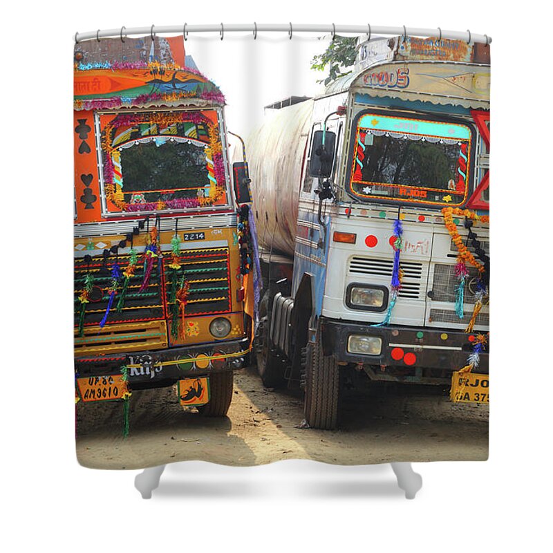 Indian Shower Curtain featuring the photograph Ornate Trucks In India by Mikhail Kokhanchikov