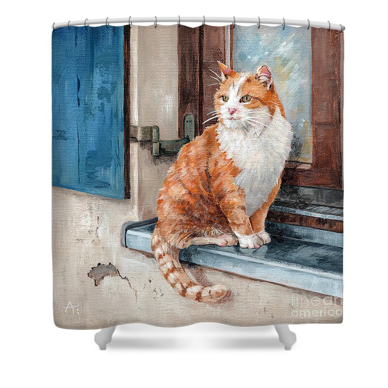 Cat Shower Curtain featuring the painting Oscar - Cat in Window painting by Annie Troe