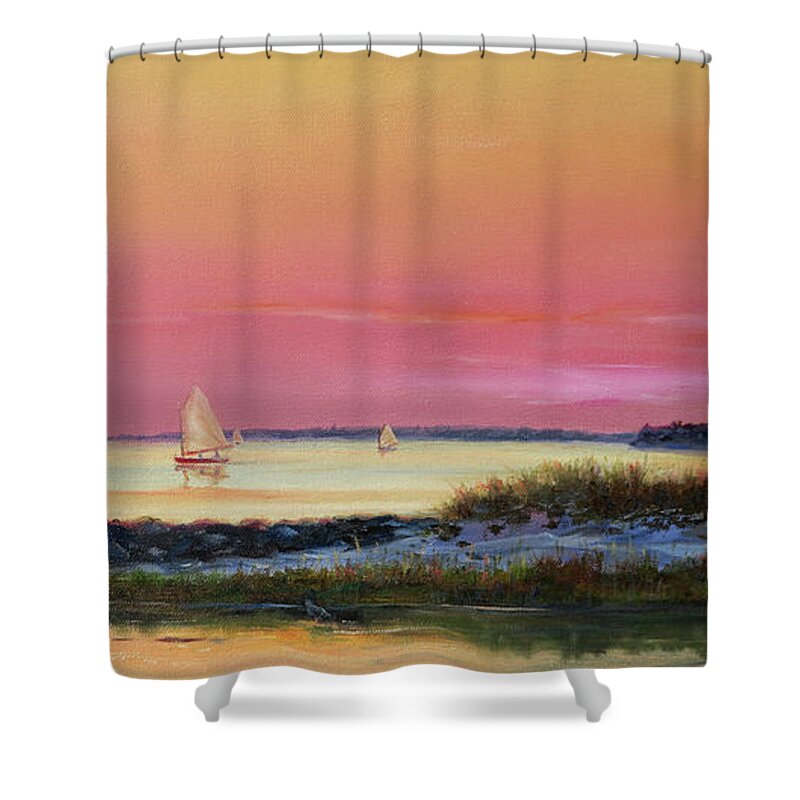 Osterville Shower Curtain featuring the painting Osterville- Catboats at Sunset by Jonathan Guy-Gladding JAG