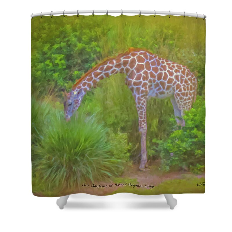 Giraffe Shower Curtain featuring the painting Our Gardener at Animal Kingdom Lodge by Bill McEntee