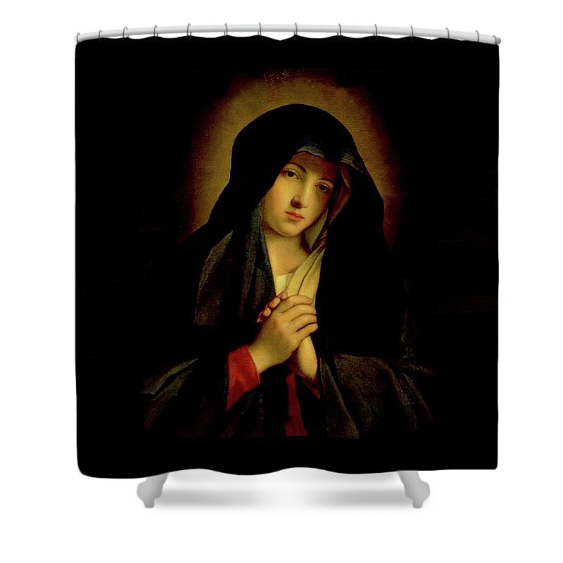 Virgin Mary Shower Curtain featuring the mixed media Our Lady of Sorrows Virgin Mary by Battista Sassoferrato