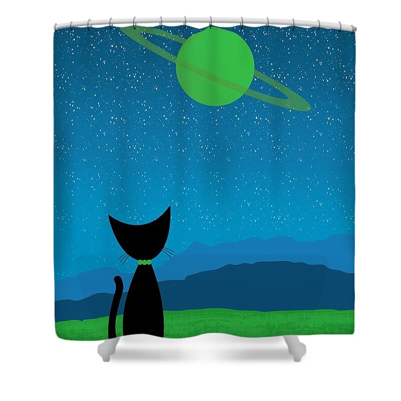  Shower Curtain featuring the digital art Outer Space Cat Admires Ringed Planet 3 by Donna Mibus