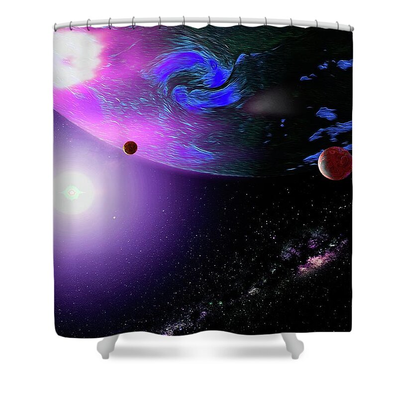  Shower Curtain featuring the digital art Outer Space Giant Planet and Moons by Don White Artdreamer
