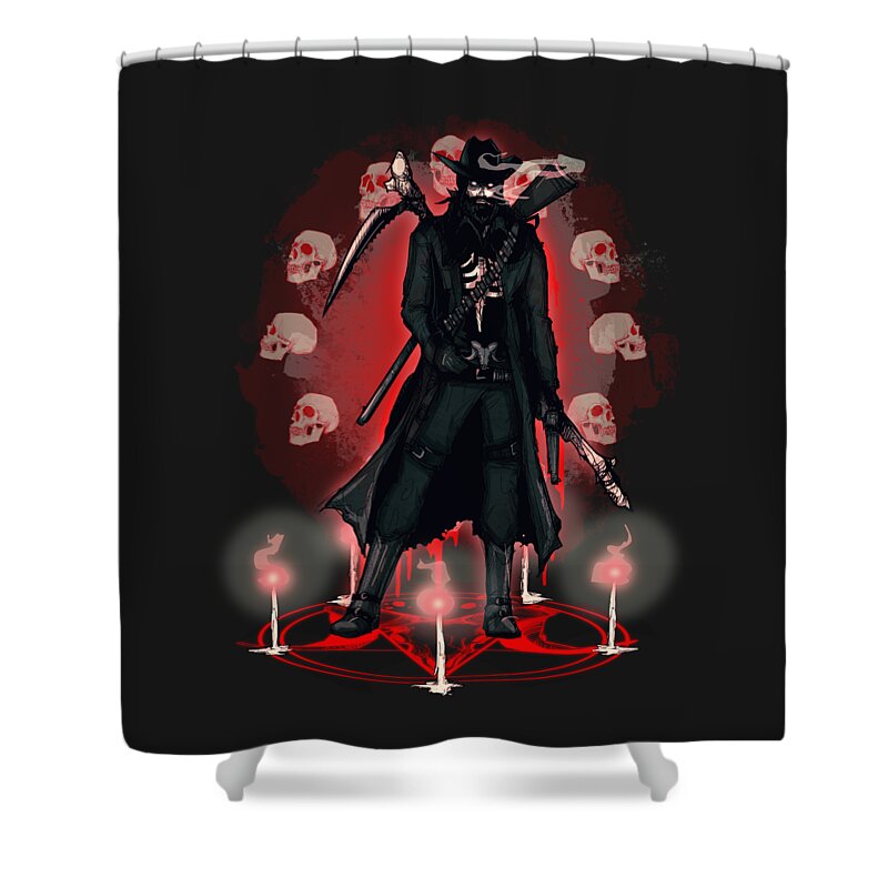 Western Shower Curtain featuring the drawing Outlaw Reaper by Ludwig Van Bacon