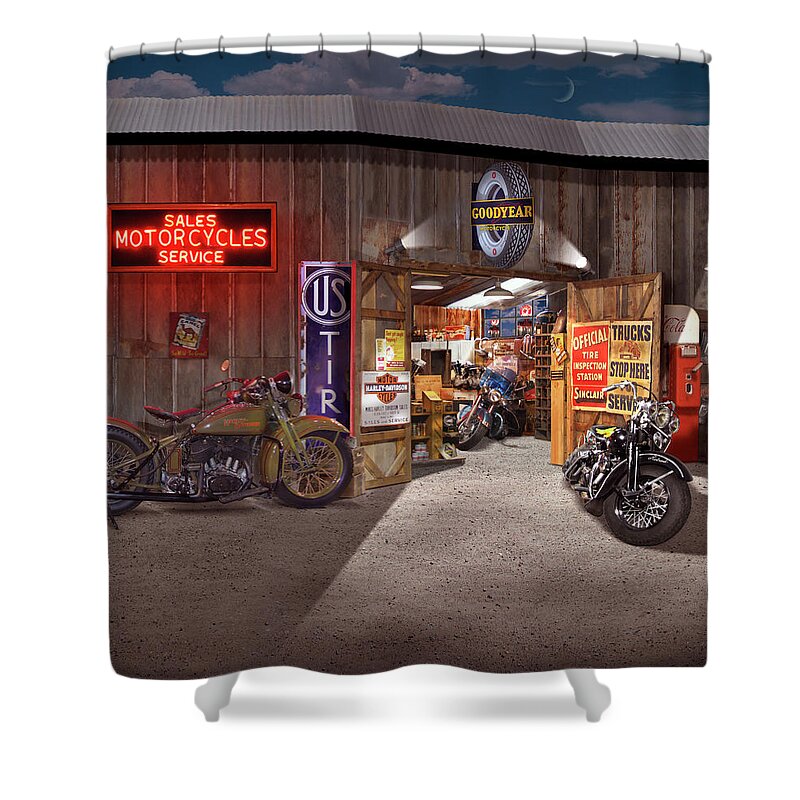 Motorcycle Shop Shower Curtain featuring the photograph Outside the Motorcycle Shop by Mike McGlothlen