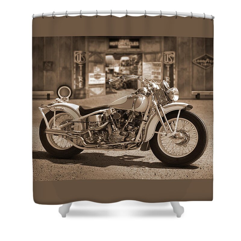 Motorcycle Shower Curtain featuring the photograph Outside the Old Motorcycle Shop 2 by Mike McGlothlen