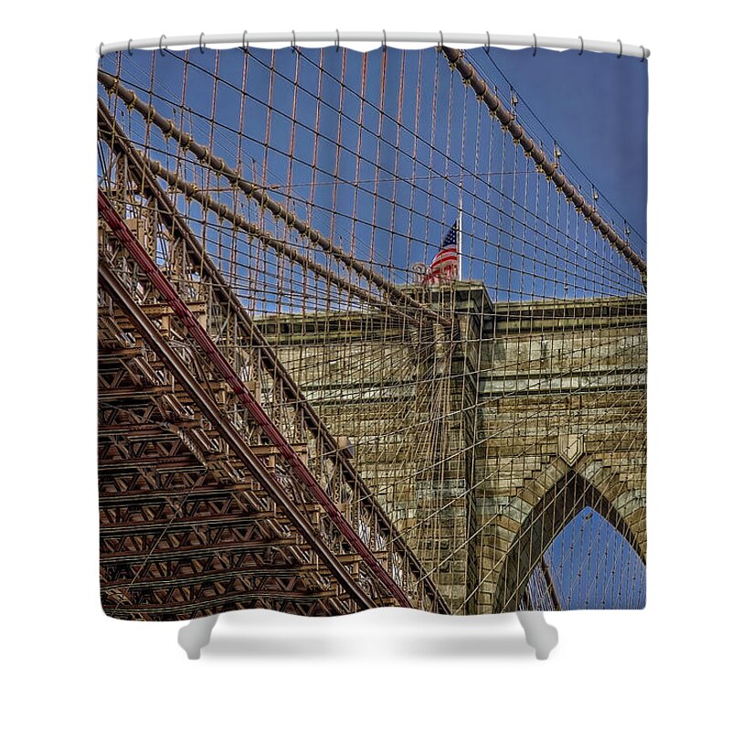 Brooklyn Bridge Shower Curtain featuring the photograph Over and Under Brooklyn Bridge by Susan Candelario