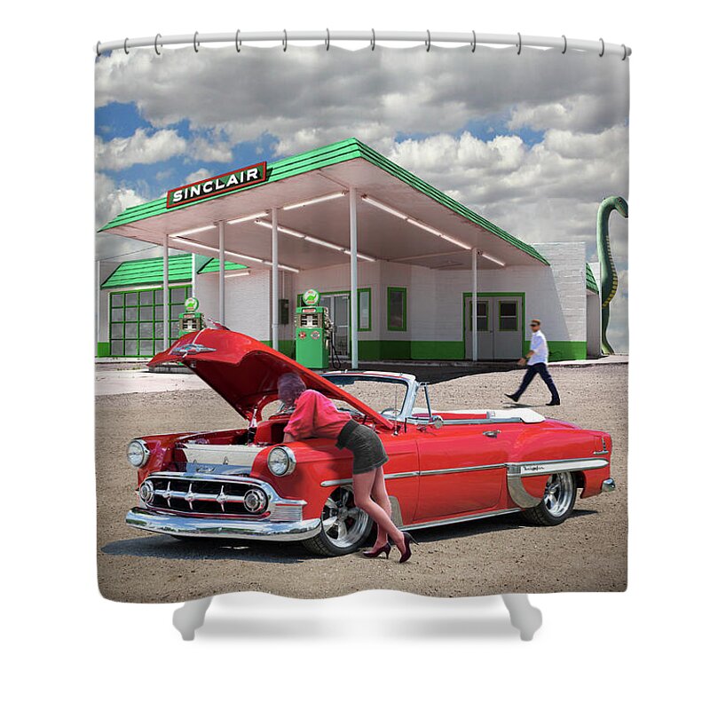 54 Chevy Belair Shower Curtain featuring the photograph Over heating at the Sinclair Station V by Mike McGlothlen
