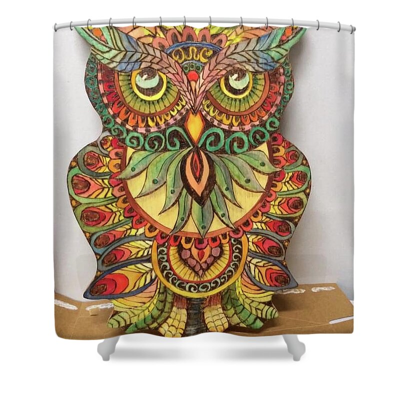 Owl Shower Curtain featuring the pyrography Owl by Denise Tomasura