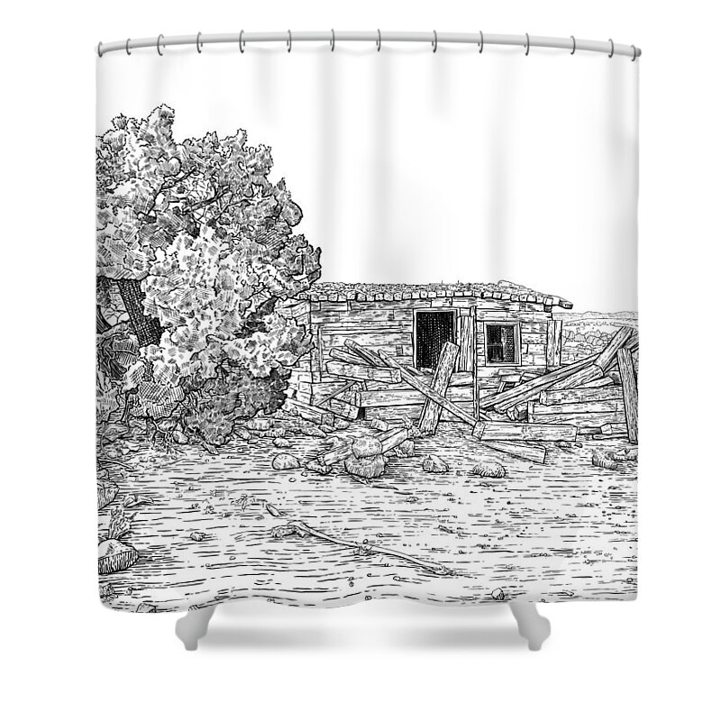 Owl Draw Shower Curtain featuring the digital art Owl Draw Cabin BW by Rick Adleman