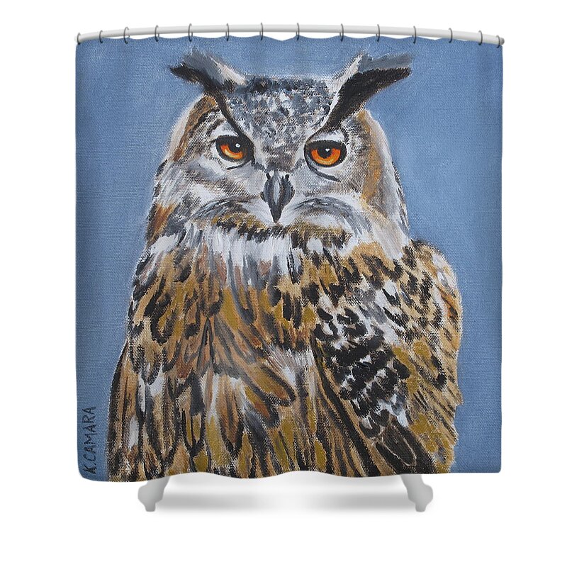 Pets Shower Curtain featuring the painting Owl Orange Eyes by Kathie Camara