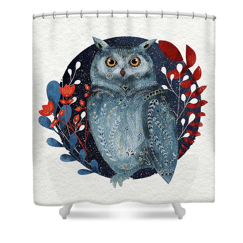 Owl Shower Curtain featuring the painting Owl With Flowers by Modern Art